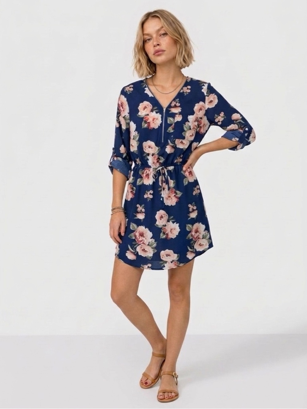 Justify Beautiful Navy Blue Floral V-Neck Cinched Waist Shirt Dress 3/4 Sleeve L